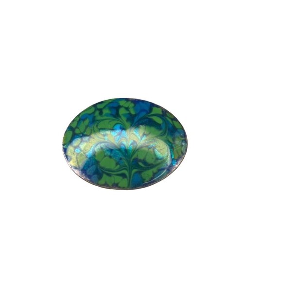 Vintage Enamel Oval Brooch Copper Blue Green Artist Inga Carlson Signed 2” - Picture 1 of 5